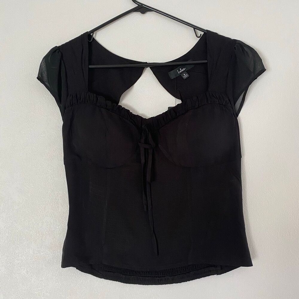 NWT Lulus Black Tie Front Blouse Size S Sheer Sleeve Romantic Top